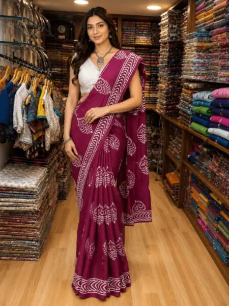 Wine Bloom Mulmul Saree