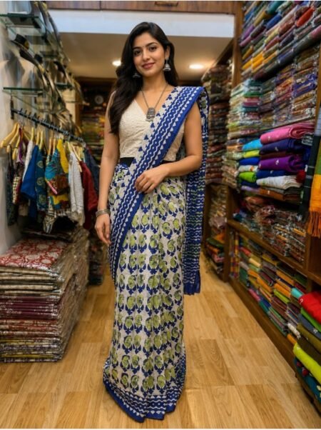 Gulnar Blue Mulmul Saree