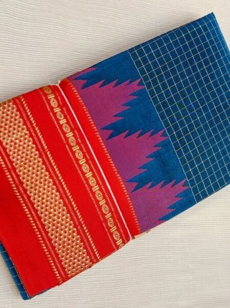 Handloom Gadwal Cotton Silk Saree - Royal Blue & Red Small Checks
