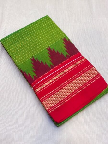 Handloom Gadwal Cotton Silk Saree - Parrot Green & Rani Pink Small Checks