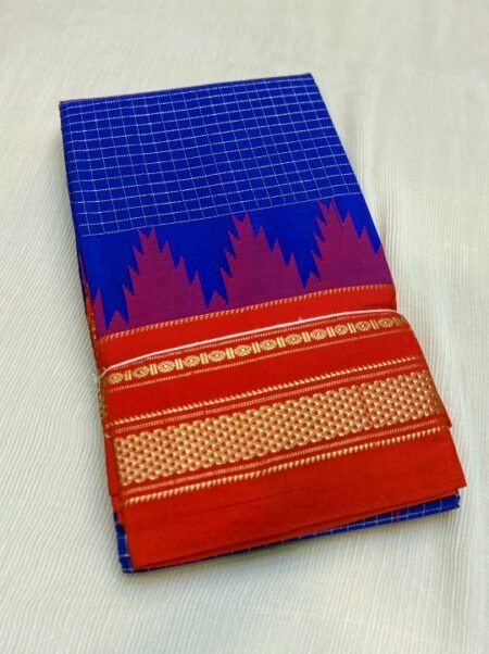 Handloom Gadwal Cotton Silk Saree - Blue & Orange Small Checks