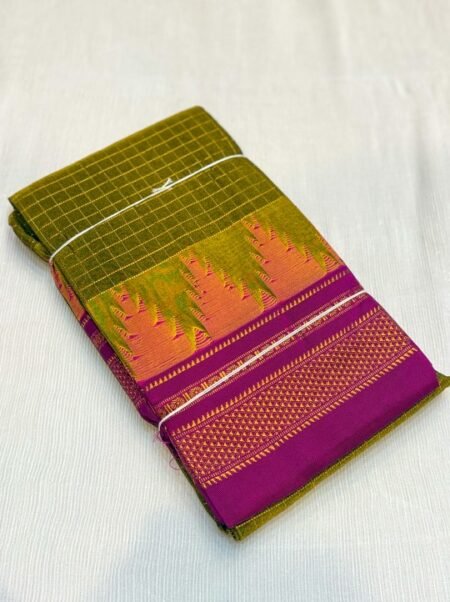 Handloom Gadwal Cotton Silk Saree - Olive Green & Purple Small Checks