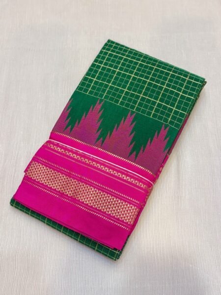 Handloom Gadwal Cotton Silk Saree in Bottle Green & Rani Pink