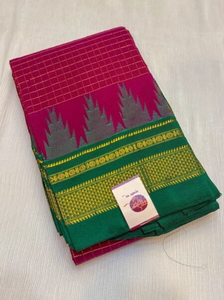 Handloom Gadwal Cotton Silk Saree in Rani Pink & Emerald Green