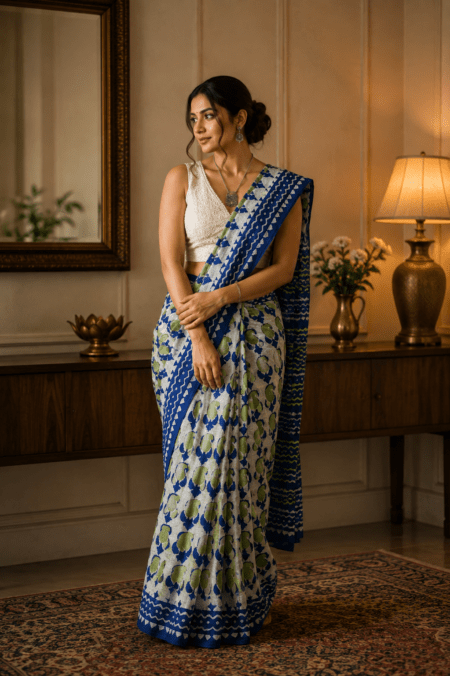 Gulnar Blue Mulmul Saree