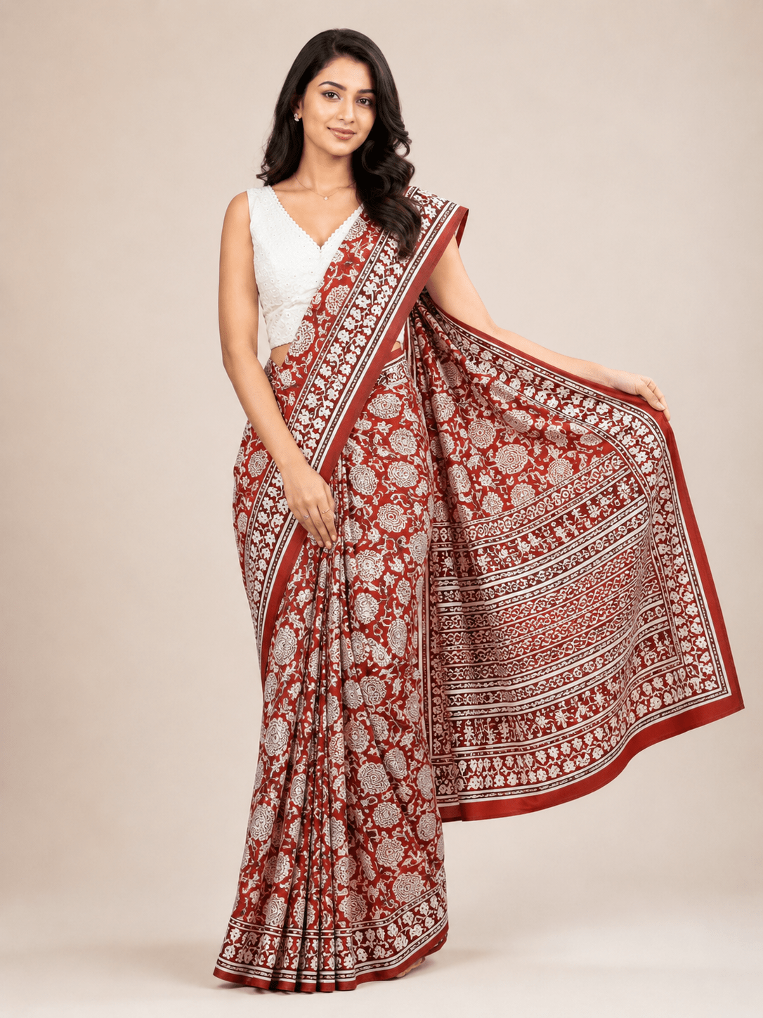 Floral Rust Red Mulmul Saree
