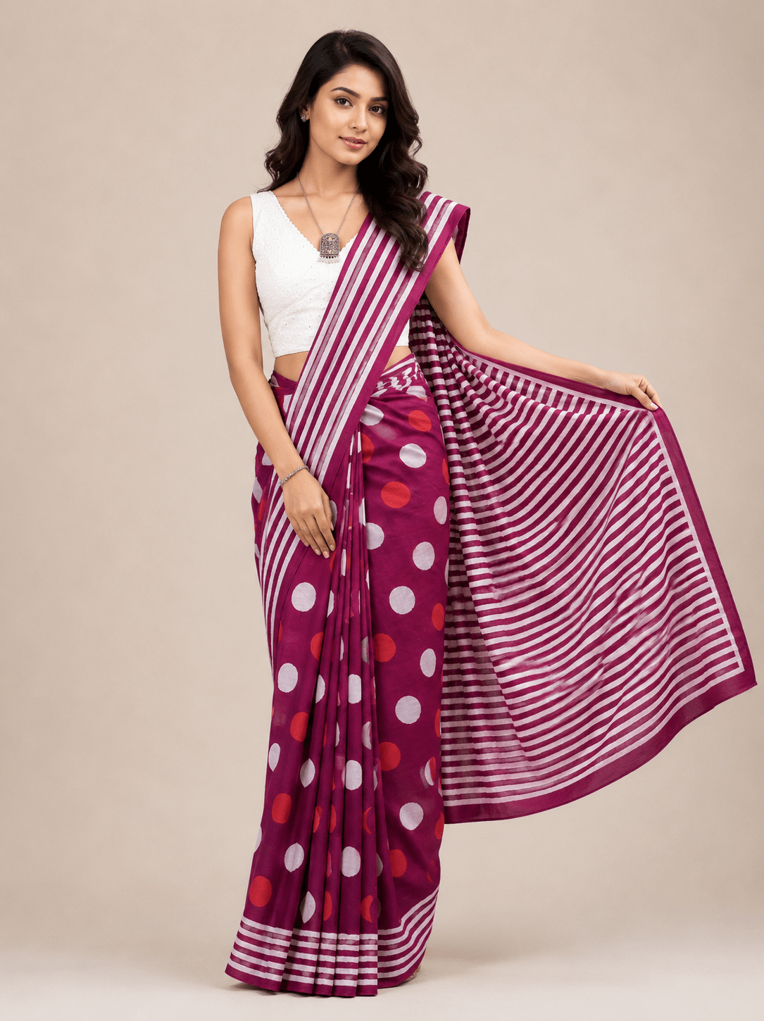 Wine Polka Dots Mulmul Saree
