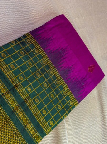 Handloom Gadwal Silk Saree - Magenta & Bottle Green Checks Border