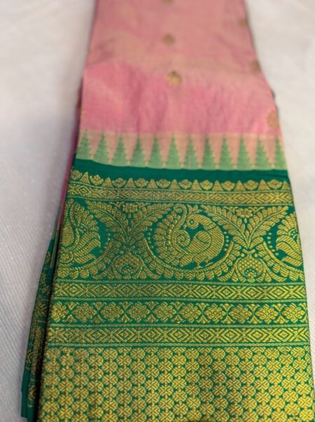 Handloom Gadwal Silk Saree - Baby Pink & Green Temple Border