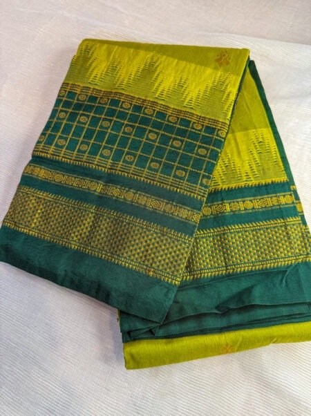 Handloom Gadwal Silk Saree - Mustard Yellow & Green Zari Border