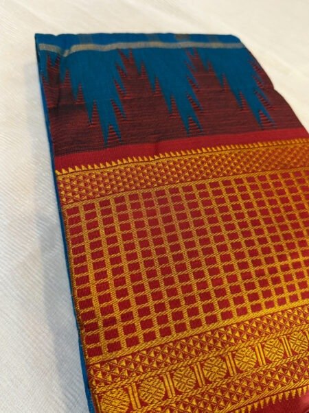 Handloom Gadwal Silk Saree - Teal Blue & Mustard Gold Border