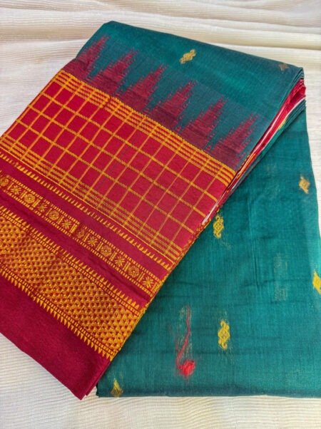 Handloom Gadwal Silk Saree - Bottle Green & Vermilion Red