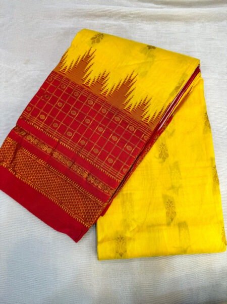 Handloom Gadwal Silk Saree - Mustard Yellow & Vermilion Red