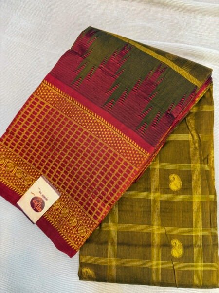 Handloom Gadwal Silk Saree - Olive Green & Vermilion Red