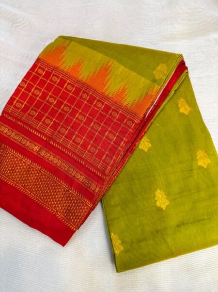 Handloom Gadwal Silk Saree - Parrot Green & Vermilion Red