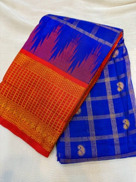 Handloom Gadwal Silk Saree - Royal Blue & Vermilion Red