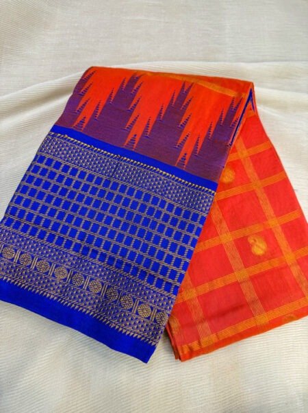 Handloom Gadwal Silk Saree - Orange & Royal Blue Checks