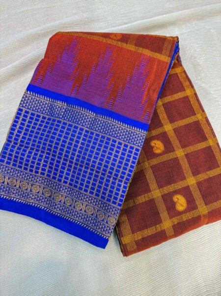 Handloom Gadwal Silk Saree - Coffee Brown & Royal Blue Checks