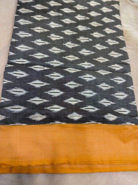 Pure Handloom Ikkat Saree Mustard Yellow Charcoal Grey
