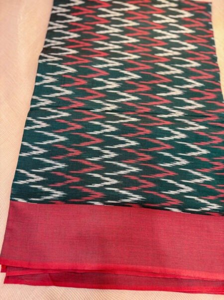 Pure Handloom Ikkat Saree - Bottle Green & Vermilion Red