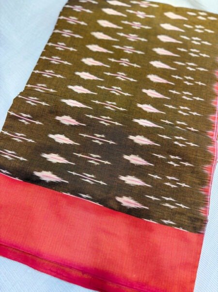 Pure Handloom Ikkat Saree - Coffee Brown & Coral Pink
