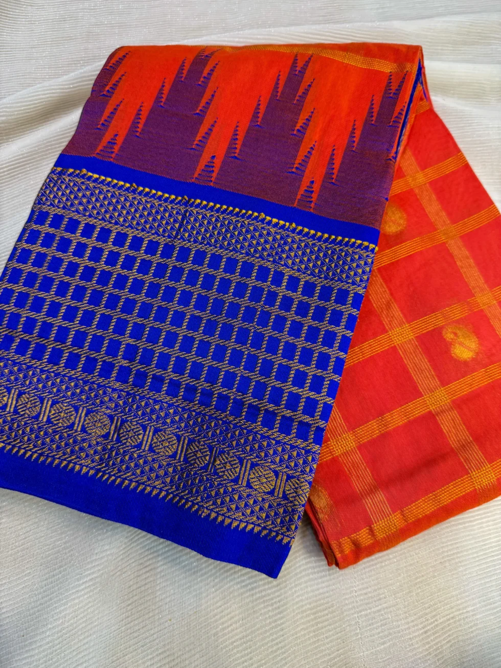 handloom-gadwal-silk-saree-orange-royal-blue-checks-