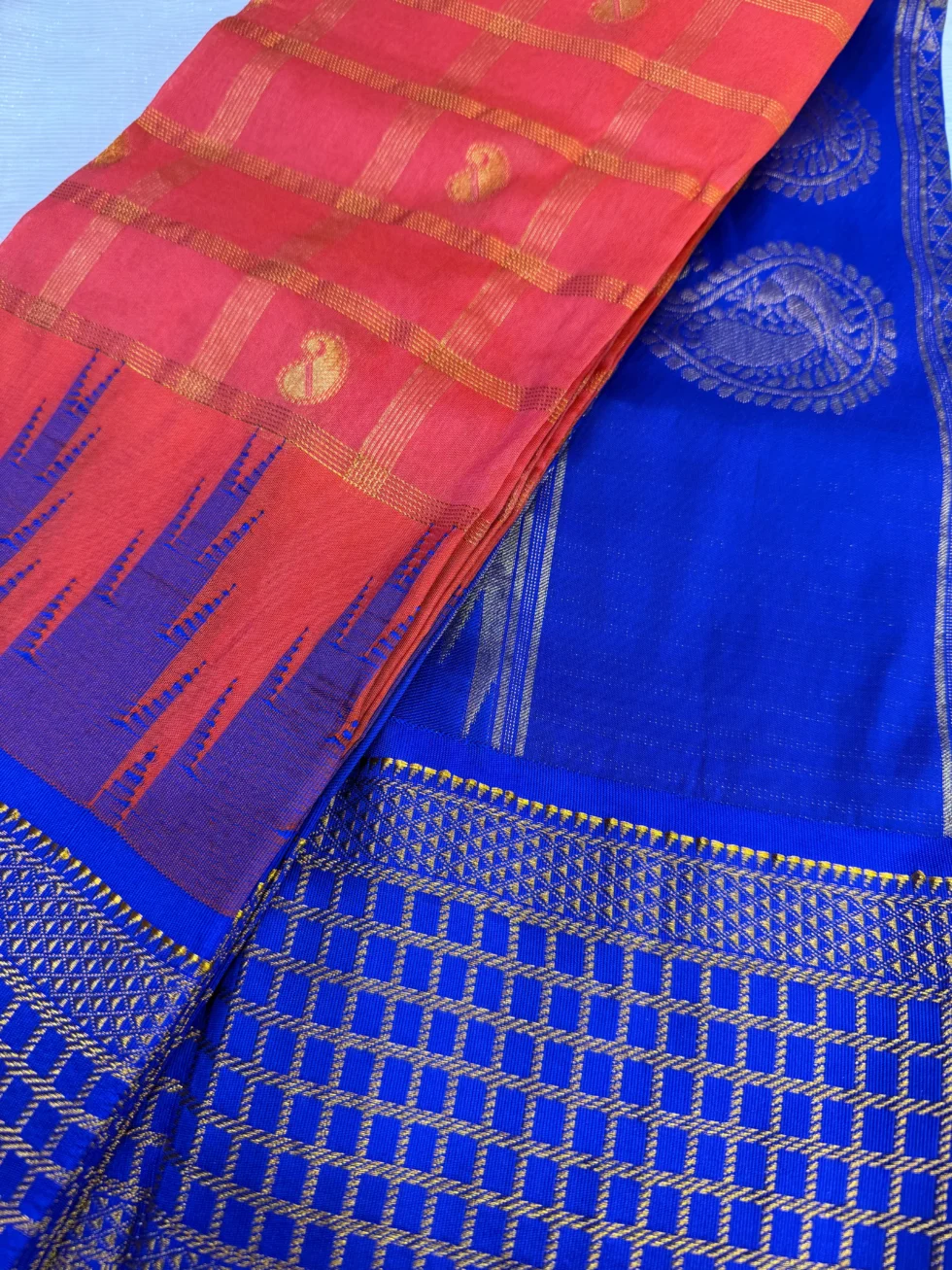 handloom-gadwal-silk-saree-orange-royal-blue-checks-for-women