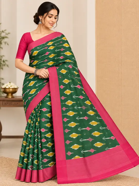 pure-handloom-ikkat-saree-bottle-green-rani-pink