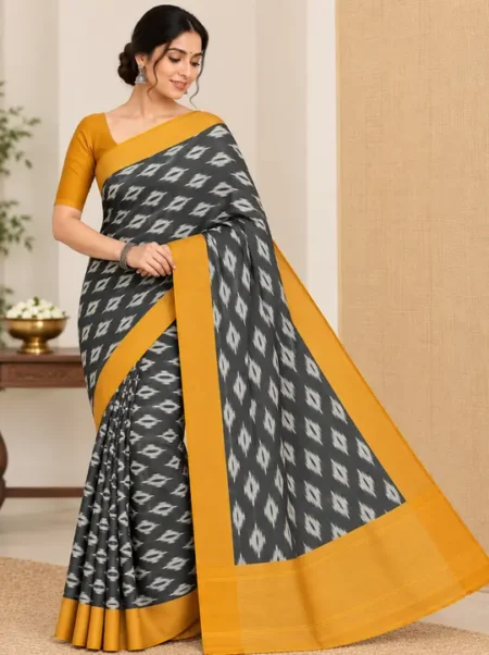 Pure Handloom Ikkat Saree Mustard Yellow Charcoal Grey