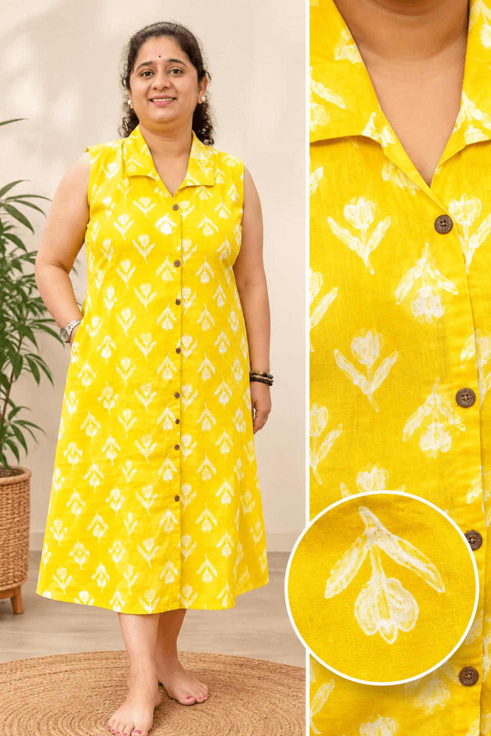 women-yellow-floral-cotton-a-line-dress-with-adjustable-waist-belt