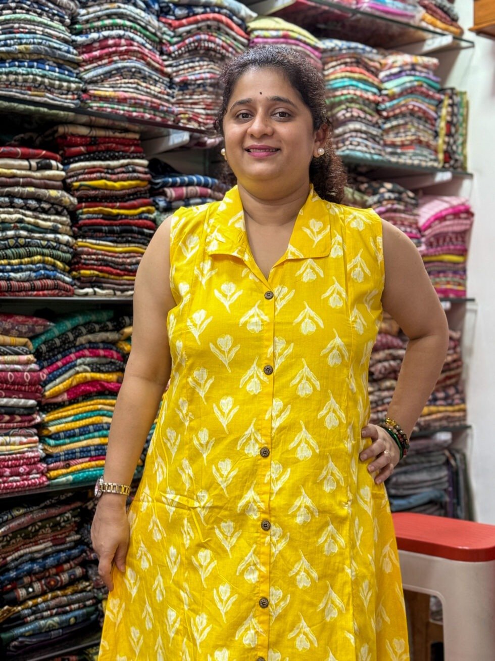 yellow-floral-cotton-a-line-dress-for-women-with-front-buttons-and-pockets