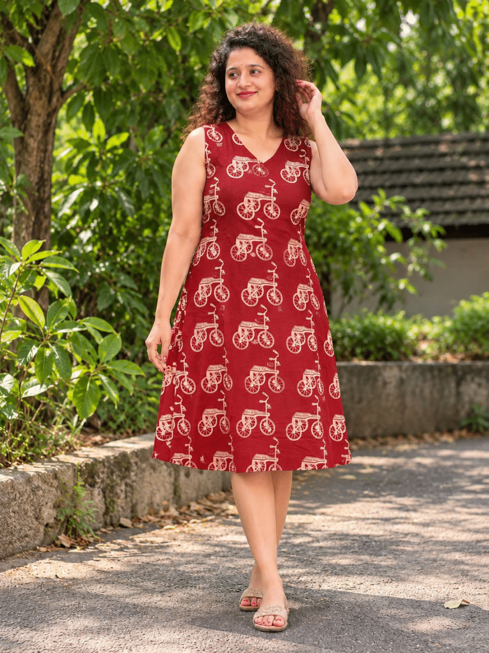 front-view-maroon-sleeveless-bicycle-print-dress