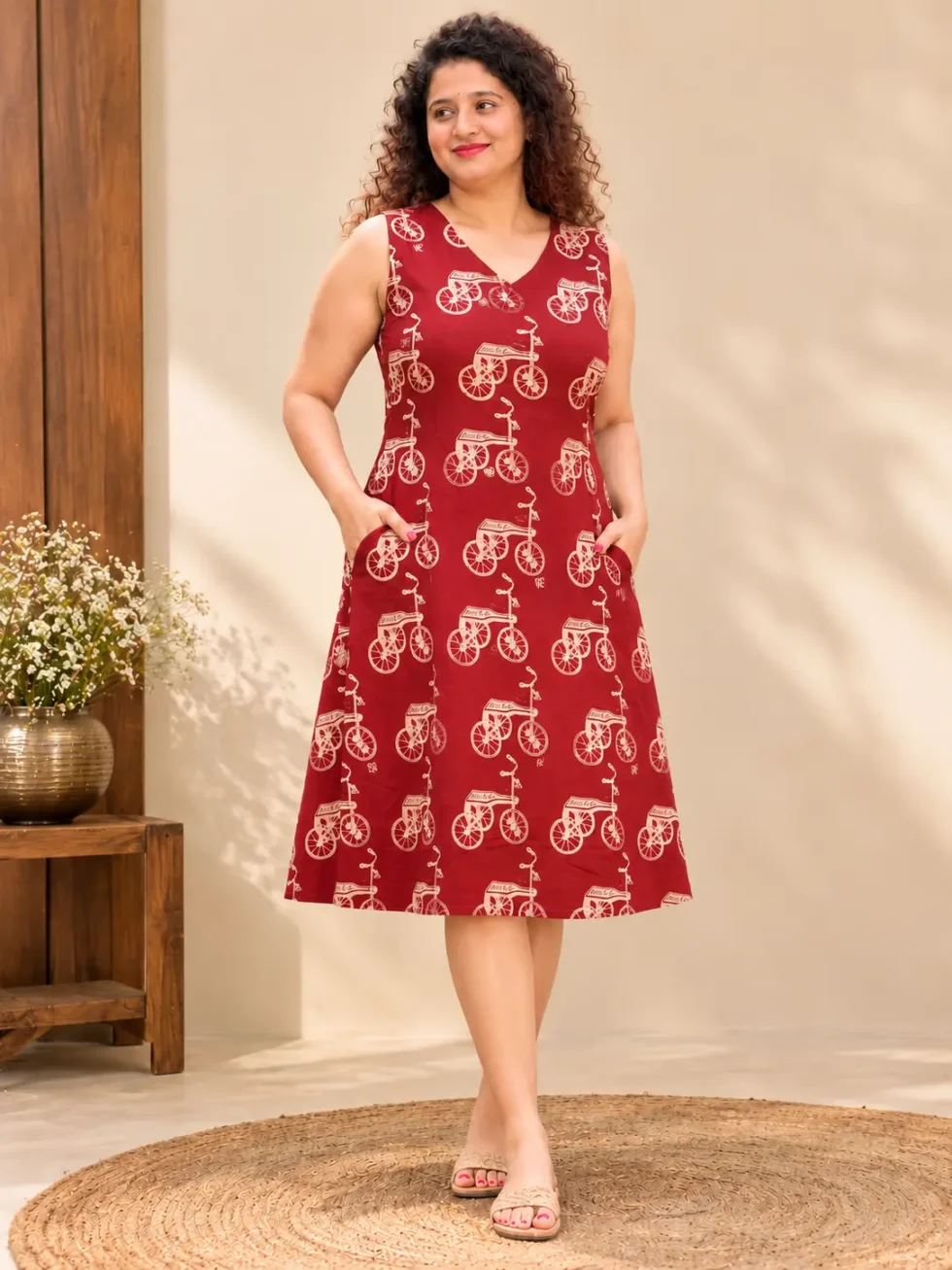 maroon-bicycle-print-jaipuri-cotton-a-line-dress
