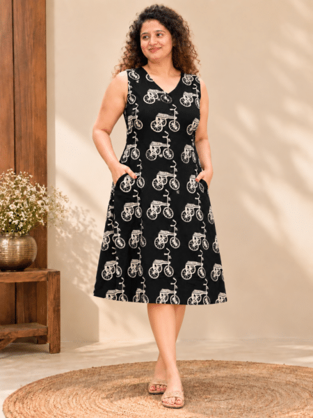 side-pockets-black-jaipuri-cotton-a-line-dress