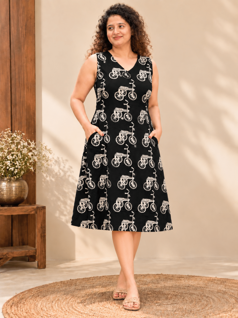 side-pockets-black-jaipuri-cotton-a-line-dress